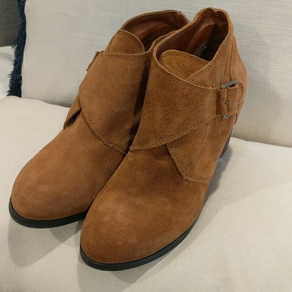 Camel colored suede bootie wedges